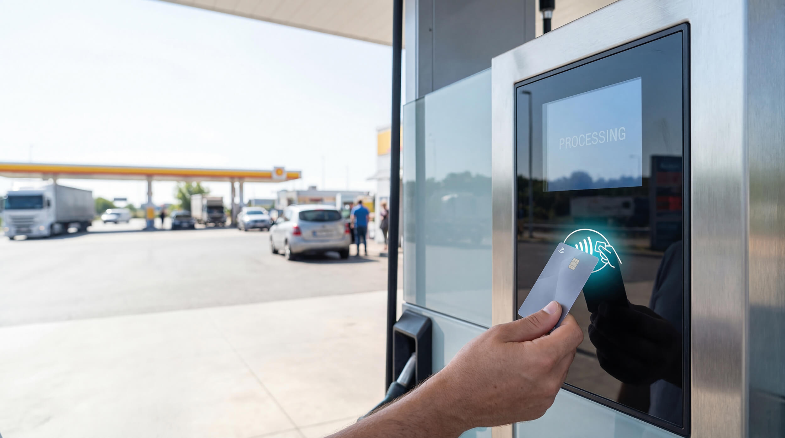 Karte wird an das NFC-Lesegerät des Tankautomaten gehalten